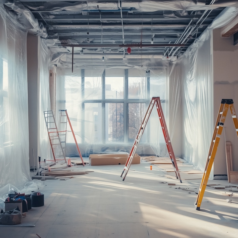 Intérieur d'un chantier de rénovation avec des murs et le plafond bâchés. Plusieurs échelles sont posées, du matériel de travaux au sol près de grandes fenêtres lumineuses.