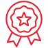 Icône rouge stylisée d'un ruban ou d'une médaille, symbolisant une récompense, une qualité supérieure, ou une certification.