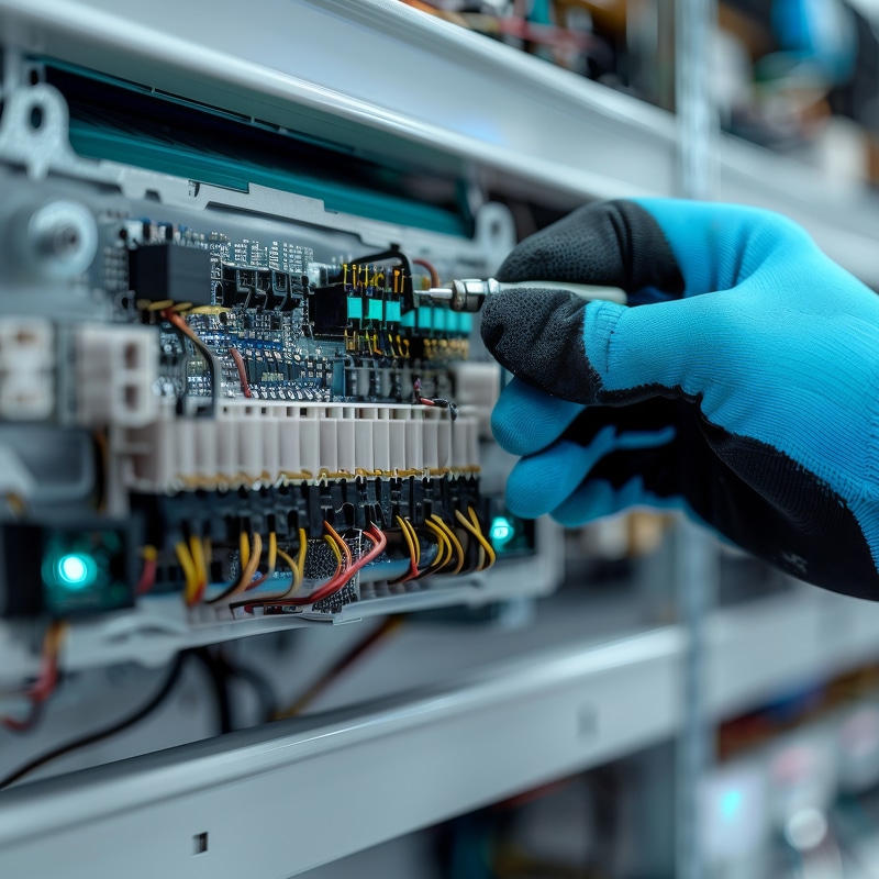 Main gantée bleue ajustant des connexions sur un circuit électronique complexe avec un outil, lumières vertes actives.