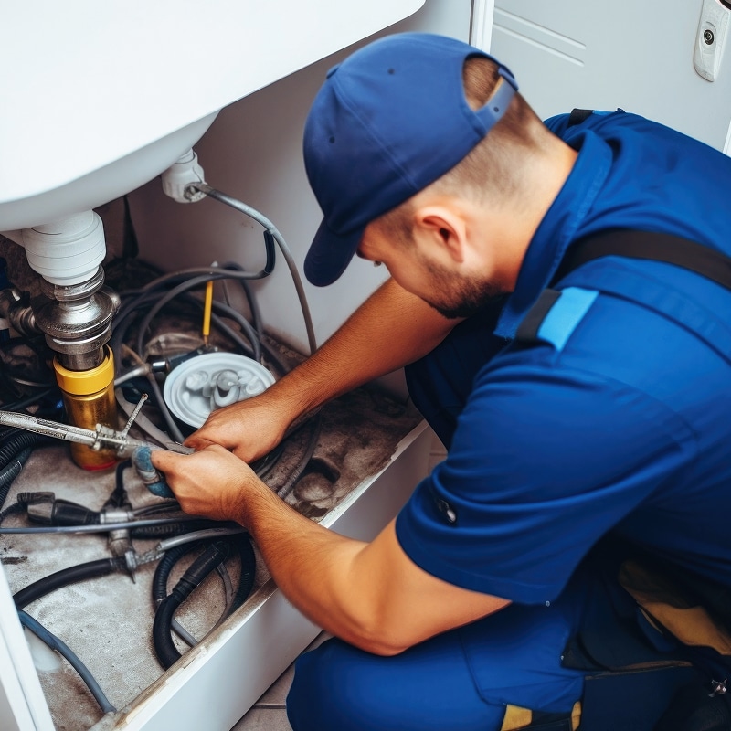Un plombier professionnel en uniforme bleu répare des tuyaux et câbles sous un évier, concentré sur sa tâche de maintenance.