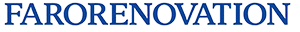 Logo de l'entreprise FARORENOVATION. Le nom est inscrit en grandes majuscules bleu foncé, police à empattements, sur fond gris-bleu pâle.