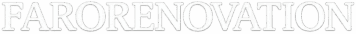 Typographie blanche à empattement en relief 3D, formant le mot unique "FARORENOVATION" sur une surface murale grise.