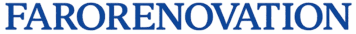 Titre FARORENOVATION en majuscules bleu profond. Police Serif classique et élégante sur fond texturé gris-bleu, évoquant un logo de marque.