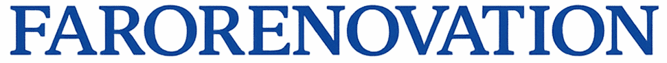 Titre FARORENOVATION en majuscules bleu profond. Police Serif classique et élégante sur fond texturé gris-bleu, évoquant un logo de marque.